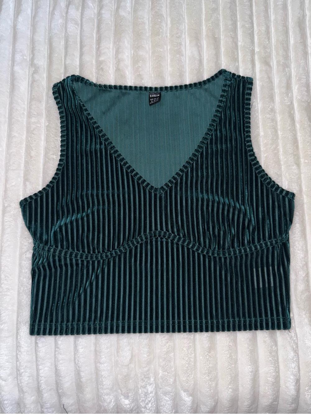 SHEIN Velvet Ribbed V-Neck Crop Top - Dark Teal